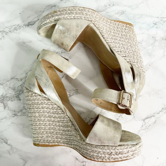 Stuart Weitzman Mostly Platform Metallic Suede Espadrille Wedge Sandals Size 9.5 - Picture 8 of 14